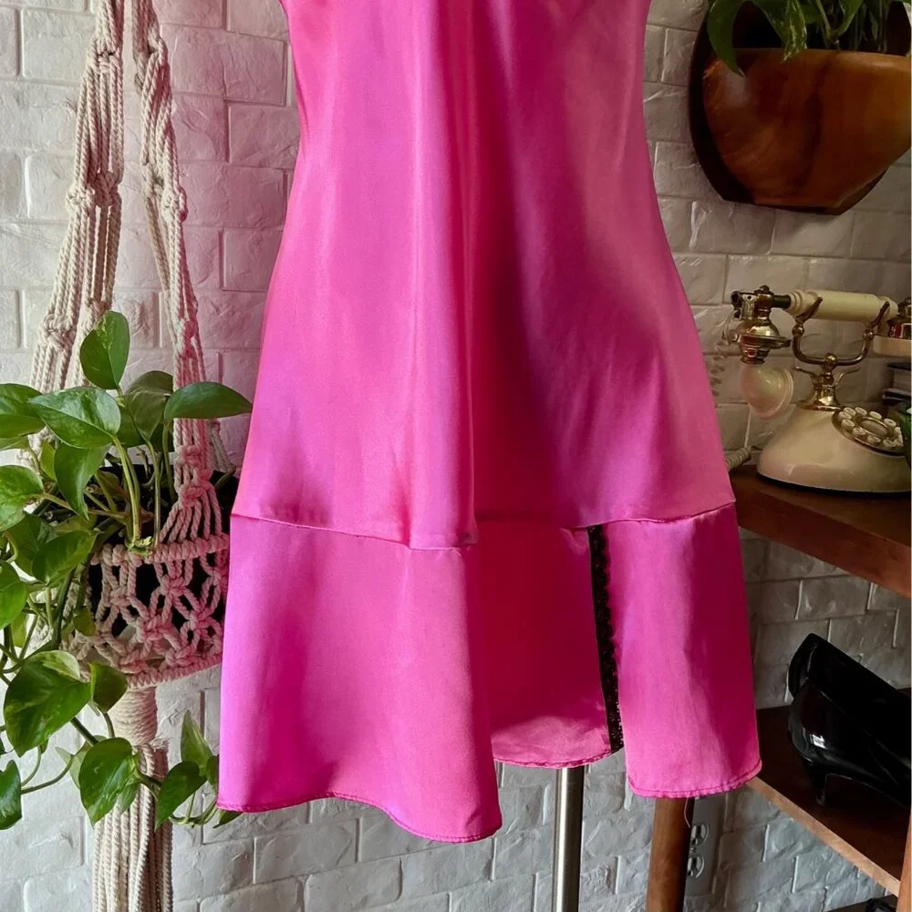 Vintage Linea Donatella Hot Pink Black Lace Satin Mini Slip Dress - Picture 5 of 11
